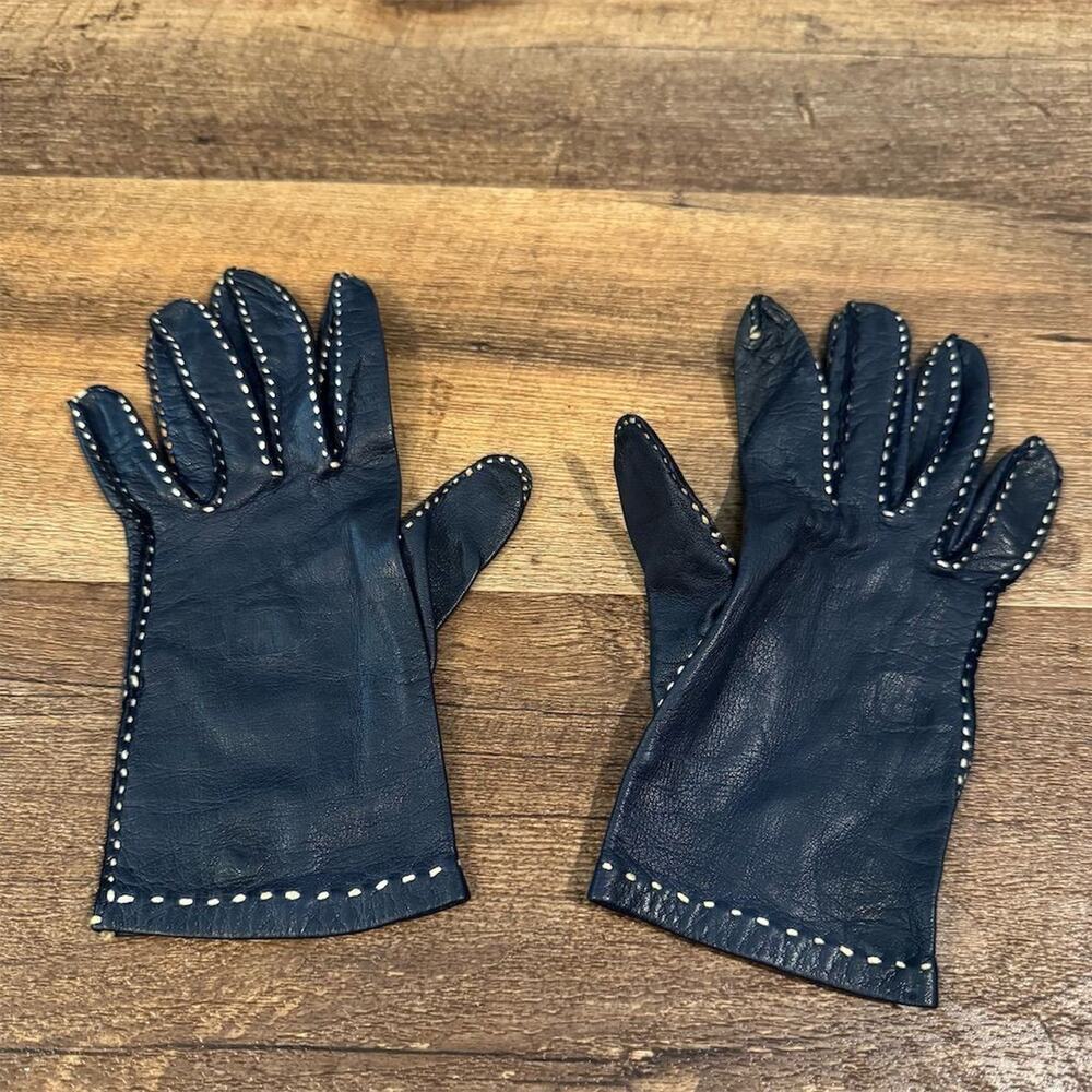 Small Vintage Navy Blue Leather Gloves White Trim Hand Stitch Wrist Length READ